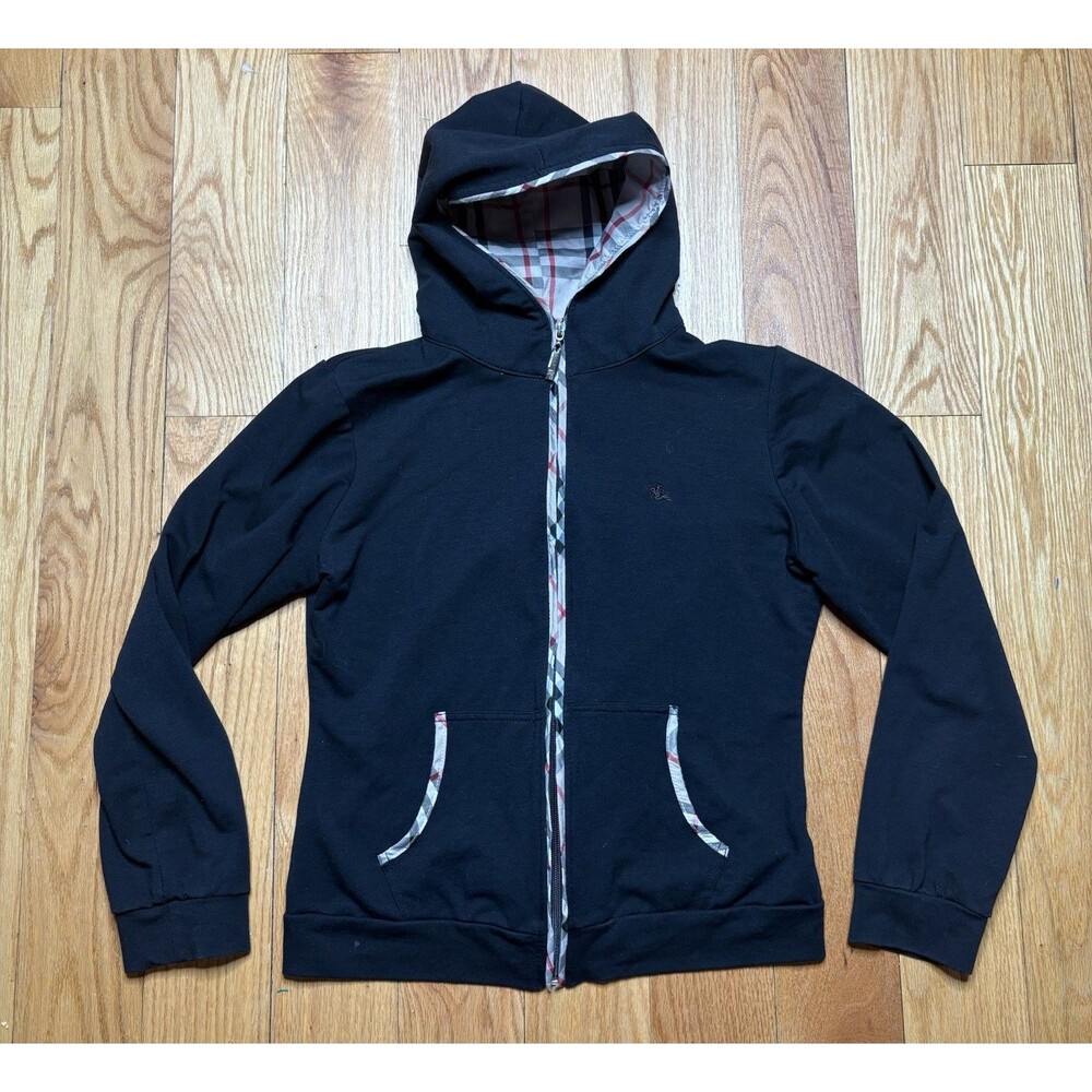 Burberry London Balck Full Zip Hoodie Youth Lrg Plaid Hood Lining Cotton Fleece